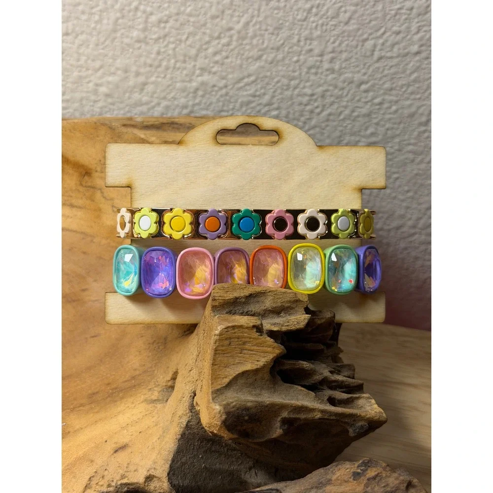 Multicolor Enamel Flower and‎ Iridescent Crystal Stretch Bracelet Set 2PC